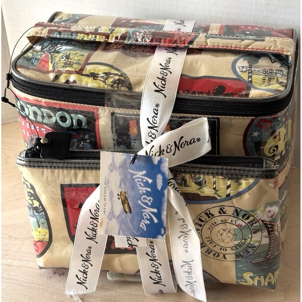 Nick & Nora Travel Bag Makeup Pouch NWT Retro World Stamps Vinyl Ports of Call